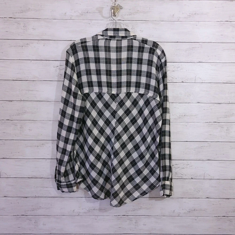 Free People Plaid Lace Up Shoulder‎ Snap Front High Low Shirt Black White Small